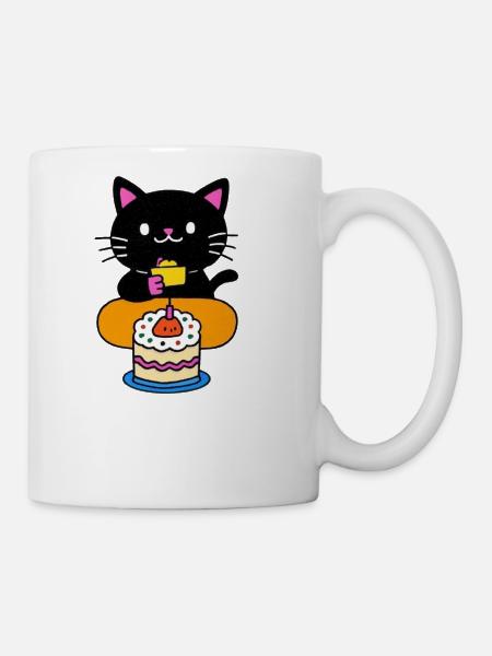Kawaii Cat with Cake Celebration - Coffee/Tea Mug - white