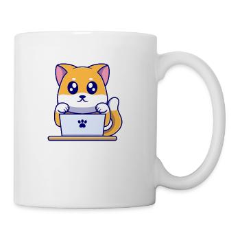 Cute cat with laptop cartoon illustration - Coffee/Tea Mug - white - Right