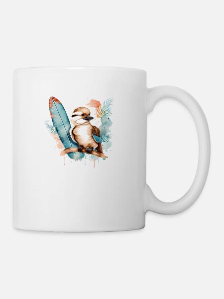 Surfing Bird Kookaburra Watercolor - Coffee/Tea Mug - white