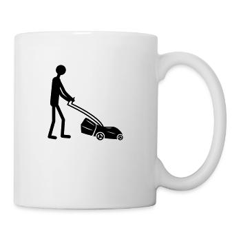 man cutting grass with lawn mower - Coffee/Tea Mug - white - Right