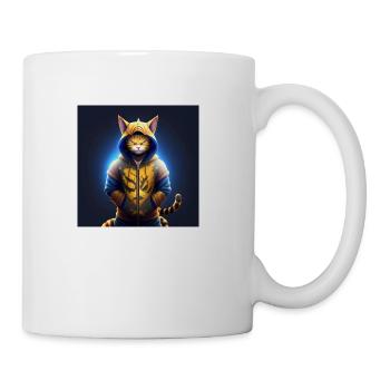 Cat wearing geta oodie standing evil look full bod - Coffee/Tea Mug - white - Right
