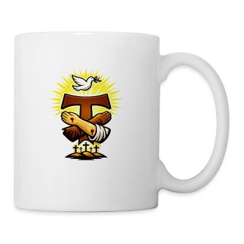 St. Francis of Assisi Tau Cross Hug: Dove and Dawn - Coffee/Tea Mug - white - Right