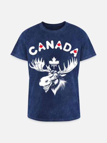 Canadian Moose with Maple Leaf Emblem - Washed Unisex T-Shirt - mineral navy
