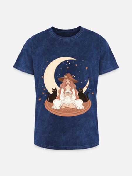 Enchanted Autumn Witch & Moonlight - Washed Unisex T-Shirt - mineral navy