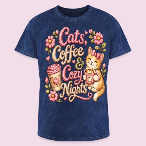 Cats, Coffee & Cozy Nights Faux Stitched Design - Washed Unisex T-Shirt