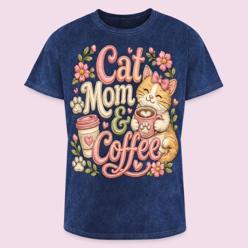 Cat Mom & Coffee Faux Stitched Cat Lover Design - Washed Unisex T-Shirt