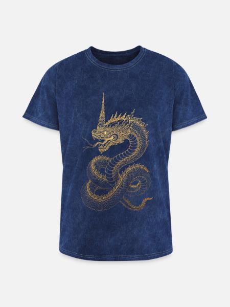Golden Dragon Embroidery Art - Washed Unisex T-Shirt - mineral navy