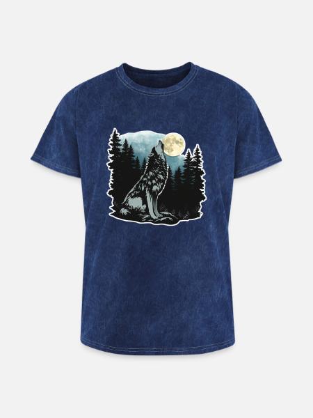 Wolf Howling At Moon - Washed Unisex T-Shirt - mineral navy