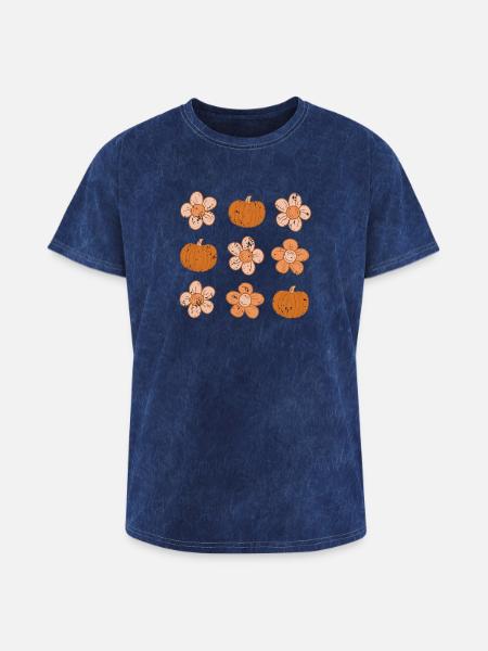 Rustic Pumpkin and Flower Pattern - Washed Unisex T-Shirt - mineral navy