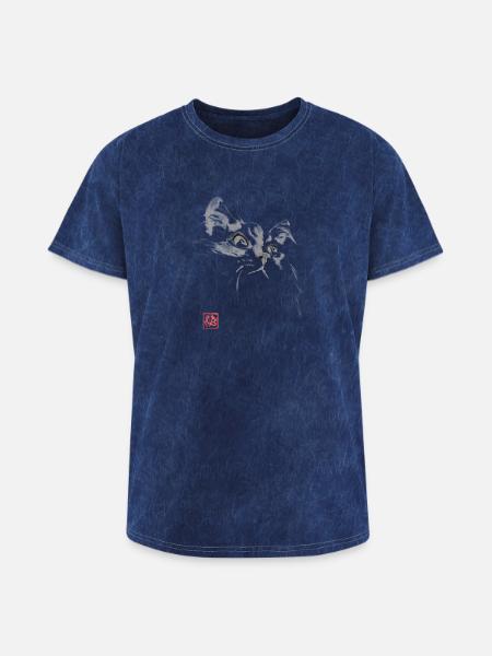 Whisper Cat Inkwash Portrait - Washed Unisex T-Shirt - mineral navy