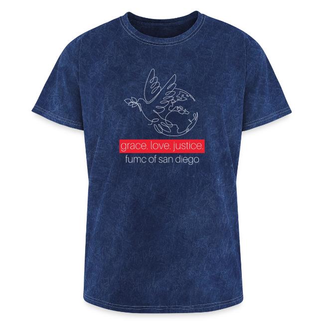 Grace. Love. Justice.- dove and earth graphic