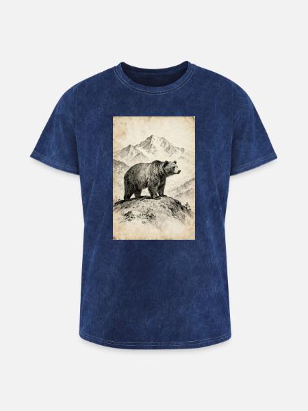 Bear on Alpine Ridge Sketch - Washed Unisex T-Shirt - mineral navy