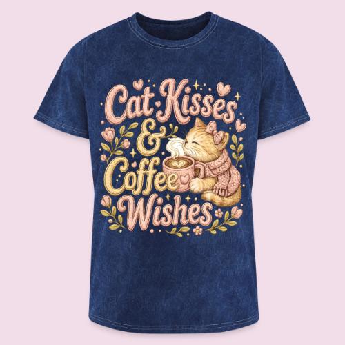 Cat Kisses & Coffee Wishes Faux Stitched - Washed Unisex T-Shirt