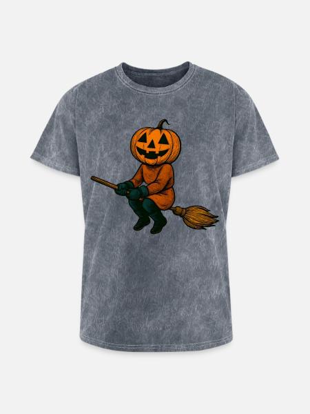 Pumpkinhead Witch on Broom - Washed Unisex T-Shirt - mineral grey