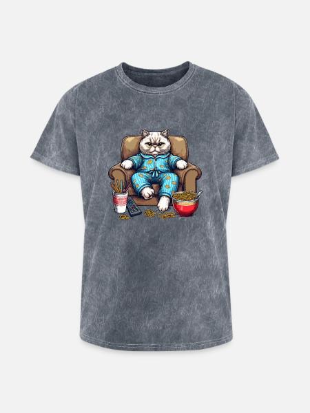 Cozy Cat in Blue Pajamas - Washed Unisex T-Shirt - mineral grey
