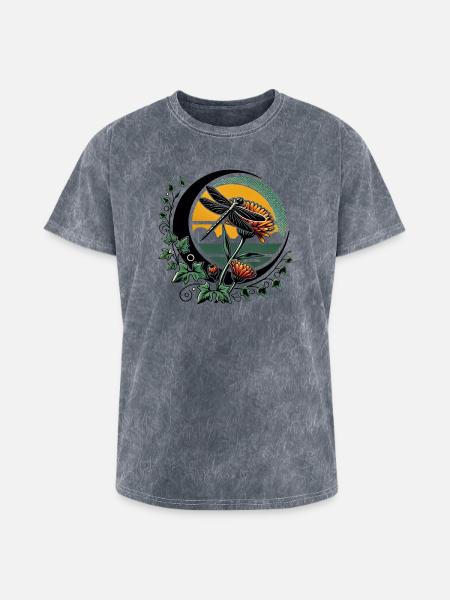 Moonlit Dragonfly & Sunflowers - Washed Unisex T-Shirt - mineral grey