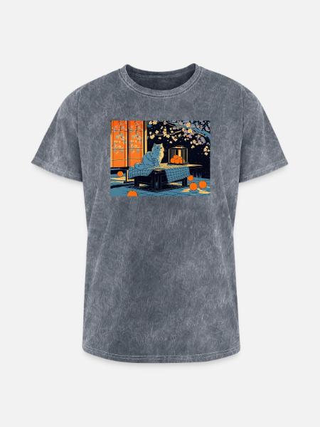 Blue Cat Lantern Night Garden - Washed Unisex T-Shirt - mineral grey