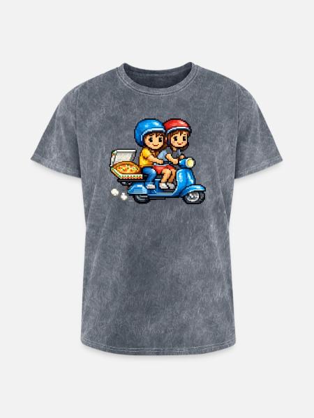 Boy and Girl on Vespa with Pizza! - Washed Unisex T-Shirt - mineral grey