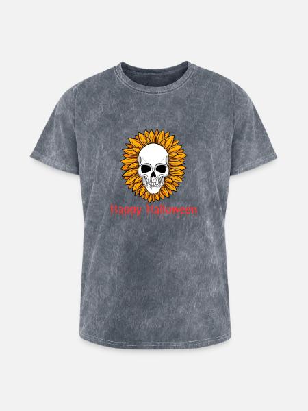 Sunflower Skull Halloween Tee - Washed Unisex T-Shirt - mineral grey