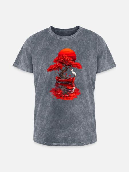 Crimson Bonsai Boat at Sunset - Washed Unisex T-Shirt - mineral grey