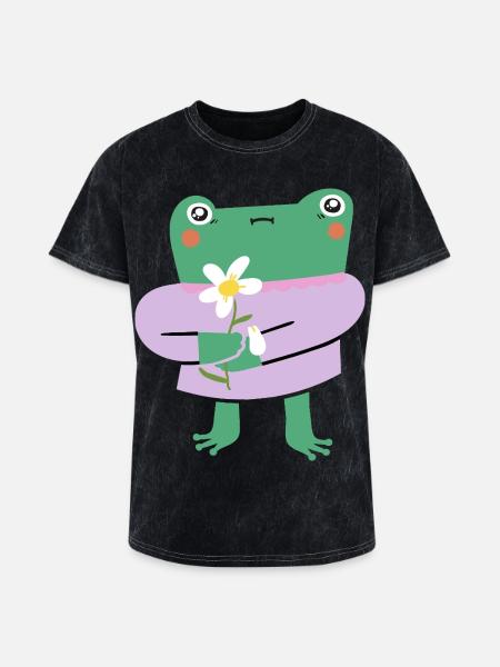 Shy Frog with Flower - Washed Unisex T-Shirt - mineral black