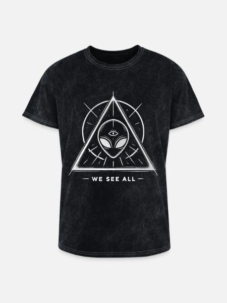 Alien Symbol We See All Cosmic Mystery Tee - Washed Unisex T-Shirt - mineral black