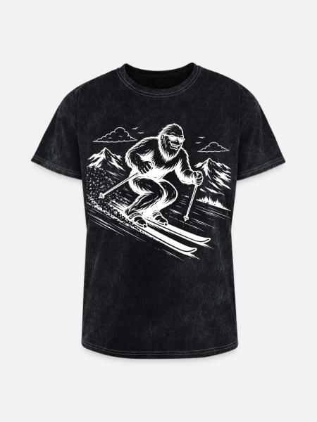 Bigfoot Sasquatch Skier in the Mountains - Washed Unisex T-Shirt - mineral black