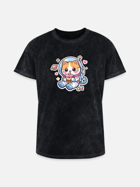 Cosmic Kitty Bubble Tea - Washed Unisex T-Shirt - mineral black