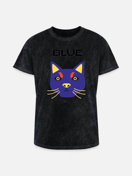 Blue Cat Face Pop Art - Washed Unisex T-Shirt - mineral black