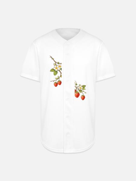 Strawberry Branch with Blossoms Illustration - Full Button Jersey - white