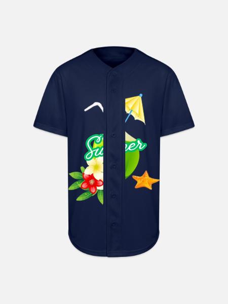 Tropical Summer Coconut with Flowers - Full Button Jersey - navy