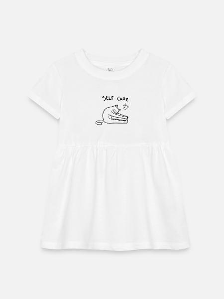 self care - yoga Cat - Infant Baby Rib Dress - white - Front