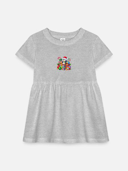 Penguin Santa on Colorful Gift - Infant Baby Rib Dress - heather grey - Front