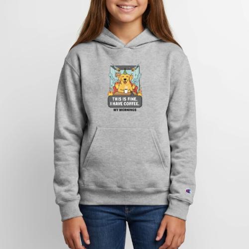 🔥 Funny Dog Meme “This Is Fine, I Have Coffee” - Champion Youth Hoodie