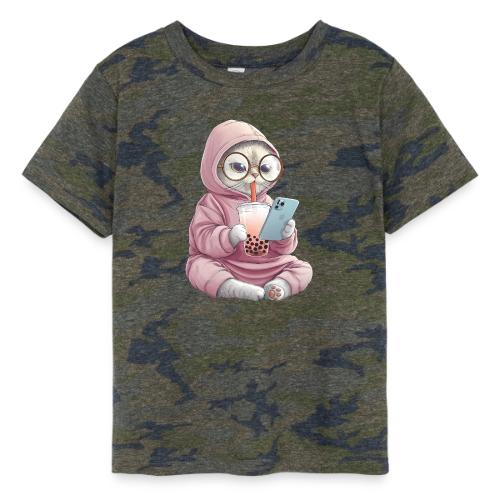 Cool Cat Bubble Tea Cartoon Design - Toddler Fine Jersey T-Shirt