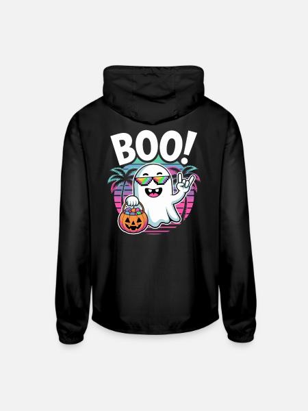  Boo! Cool Ghost With Candy Bucket Rocking - Unisex Lightweight Windbreaker Jacket - black - Back