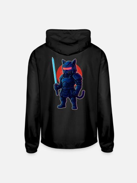 Funny Cyber Samurai Cat Futuristic Ninja Warrior - Unisex Lightweight Windbreaker Jacket - black - Back