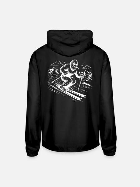 Bigfoot Sasquatch Skier in the Mountains - Unisex Lightweight Windbreaker Jacket - black