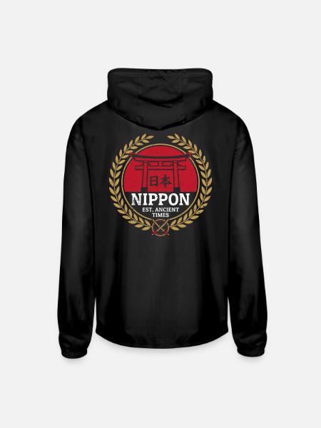 Nippon Japan Torii Gate Rising Sun Crest - Unisex Lightweight Windbreaker Jacket - black - Back