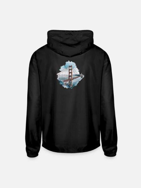Watercolor Golden Gate Bridge Artwork - Unisex Lightweight Windbreaker Jacket - black - Back