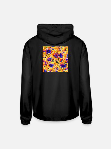 Vivid Floral on Orange Canvas - Unisex Lightweight Windbreaker Jacket - black