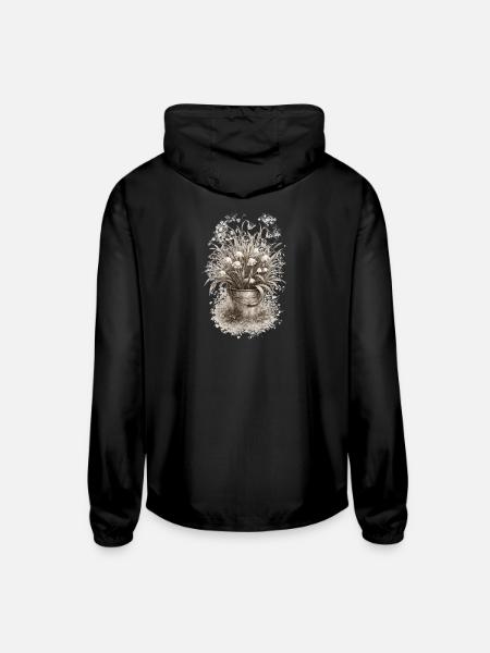 Snowdrops in Metal Bucket – Monochrome Botanical - Unisex Lightweight Windbreaker Jacket - black - Back