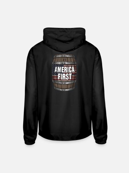 American Flag Wood Barrel - Unisex Lightweight Windbreaker Jacket - black