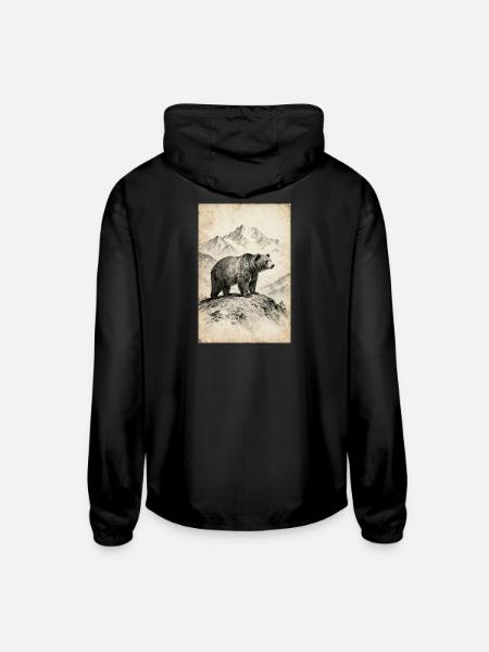 Bear on Alpine Ridge Sketch - Unisex Lightweight Windbreaker Jacket - black