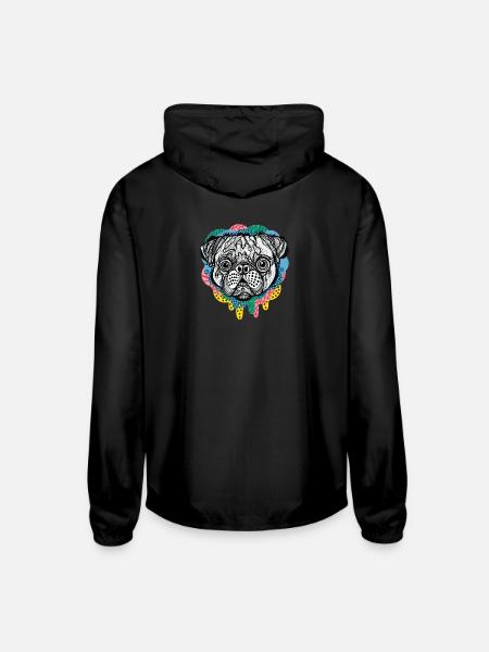 pug face - Unisex Lightweight Windbreaker Jacket - black - Back