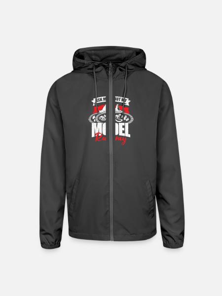 Ask Me About My Model Railway - Unisex Lightweight Windbreaker Jacket - graphite - Front