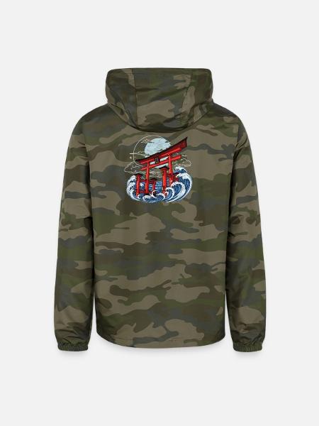 Torii Gates Amid Ocean Waves - Unisex Lightweight Windbreaker Jacket - green camo - Back