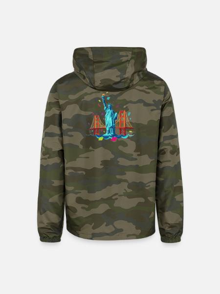 Teal Lady Liberty & Golden Gate - Unisex Lightweight Windbreaker Jacket - green camo - Back