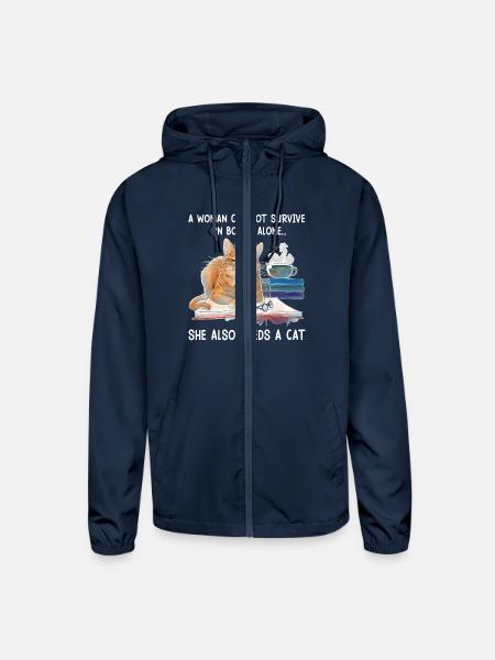 A Woman Can not Survive On Books Cat Lover - Unisex Lightweight Windbreaker Jacket - navy - Front