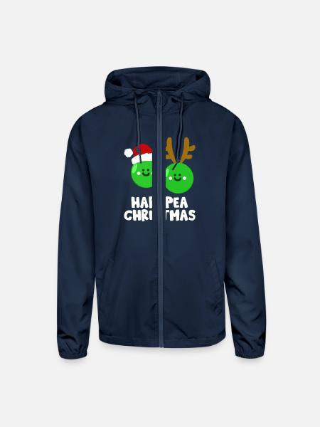 Hap-Pea Christmas Funny Vegetable Vegan Food Pun - Unisex Lightweight Windbreaker Jacket - navy - Front